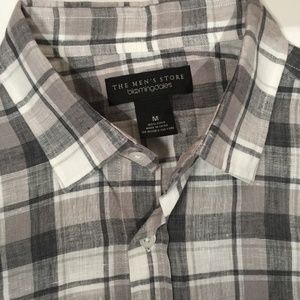 BLOOMINGDALE'S Grey Plaid Linen Shirt Charcoal Check Button Front